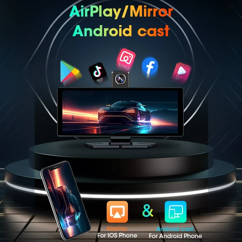 JMCQ Câmera de painel 4K de 10,2 polegadas com Carplay e Android Auto, gravador de vídeo DVR para carro, rotação 360, lente dupla, Wi-Fi 5G, GPS, FM e Bluetooth - Image 6