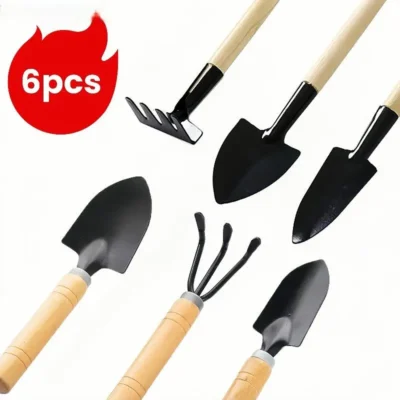 Conjunto de Ferramentas de Jardim Mini com 6 Peças, Kit de Jardinagem com Cabo de Madeira para Plantar Vegetais, Flores e Desherbar