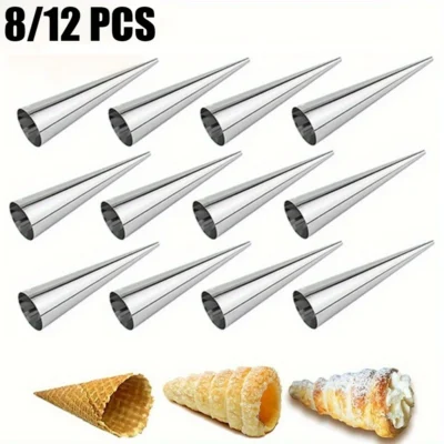 Formas de Aço Inoxidável para Cornetes de Creme (8/12 Peças), Cones de Confeitaria Resistentes para Sorvetes, Croissants e Doces, Antiaderentes
