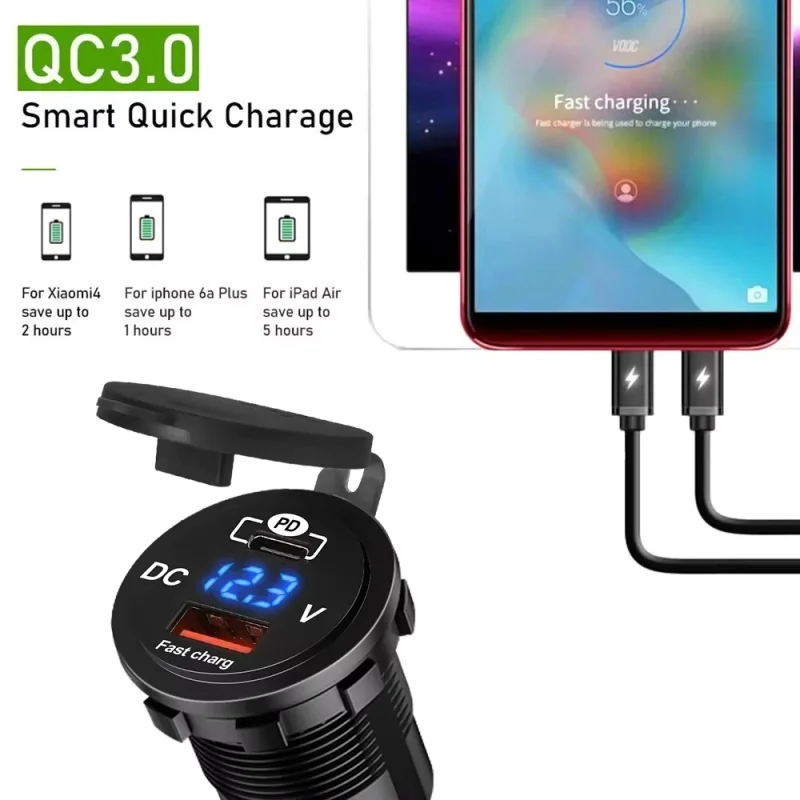 1 Conjunto de Carregador Veicular 60W PD QC3.0 com Medidor de Voltagem e Tomada de Carregamento Rápido 3.0 para Moto, Caminhão e Barco 12V/24V - Image 2