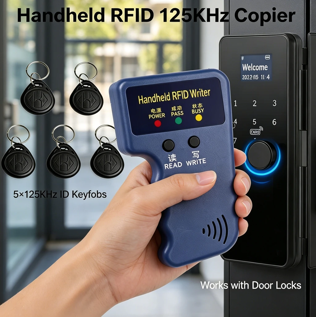Portable 125KHz EM4100 RFID Card Duplicator Handheld ID Writer Copier with 2Pcs Rewritable T5577 Keyfob Tags