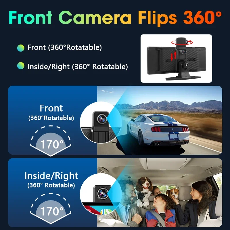 JMCQ Câmera de painel 4K de 10,2 polegadas com Carplay e Android Auto, gravador de vídeo DVR para carro, rotação 360, lente dupla, Wi-Fi 5G, GPS, FM e Bluetooth - Image 2