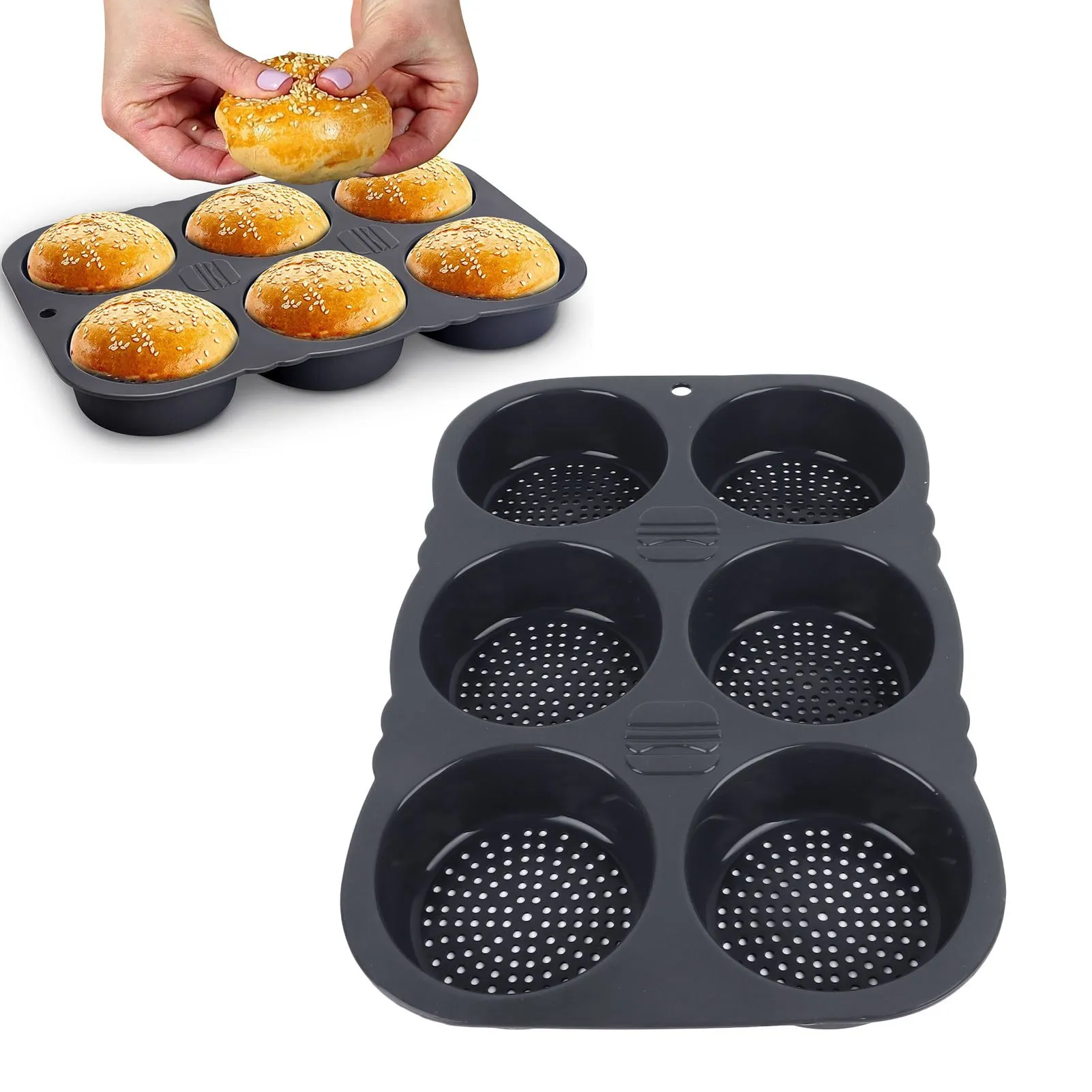 Molde de pão de hambúrguer com 6 cavidades, molde de pão reutilizável dobrável -40 ℉ para +446 ℉ Molde de cozimento resistente ao calor para ferramentas de cozinha