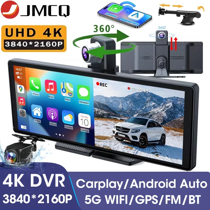 JMCQ Câmera de painel 4K de 10,2 polegadas com Carplay e Android Auto, gravador de vídeo DVR para carro, rotação 360, lente dupla, Wi-Fi 5G, GPS, FM e Bluetooth