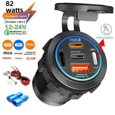 Carregador de carro usb pd qc 3.0, 2/3/4 portas com voltímetro, adaptador de tomada de energia, à prova d'água para carro 12v/24v, atv, barco, venda quente