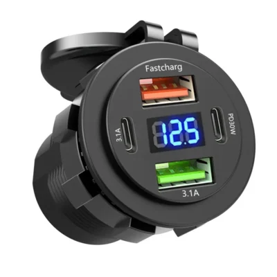 Soquete de carregador de carro duplo tipo-c e usb duplo 4 portas tomada de carregamento rápido à prova d'água com voltímetro 12v/24v para carro barco motocicleta