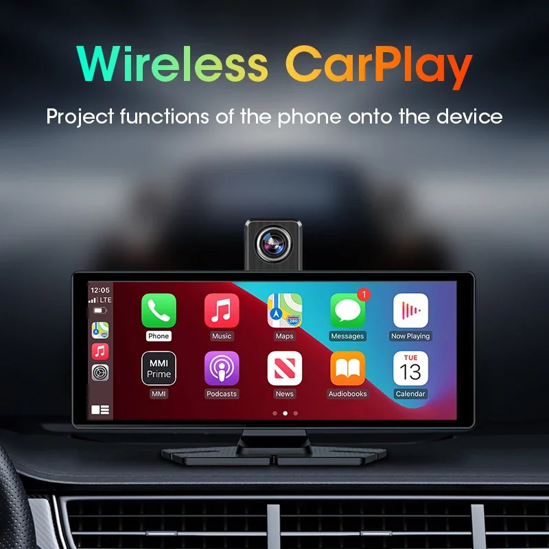 JMCQ Câmera de painel 4K de 10,2 polegadas com Carplay e Android Auto, gravador de vídeo DVR para carro, rotação 360, lente dupla, Wi-Fi 5G, GPS, FM e Bluetooth - Image 3