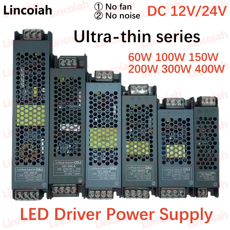 Fonte de alimentação led dc 12v 24v AC190-240V transformadores de iluminação silenciosa 60w 100w 200w 300w 400w adaptador de alimentação de driver de luz led