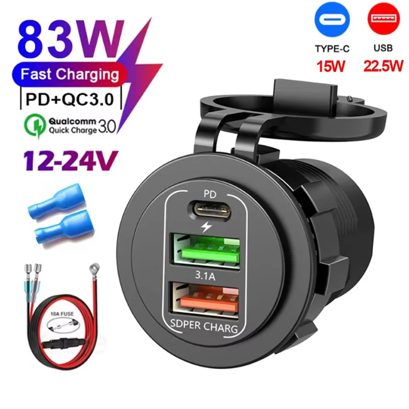 Novo 4 portas duplo pd duplo qc 3.0 usb carregador de carro com voltímetro tomada adaptador à prova dwaterproof água para 12v/24v carro barco