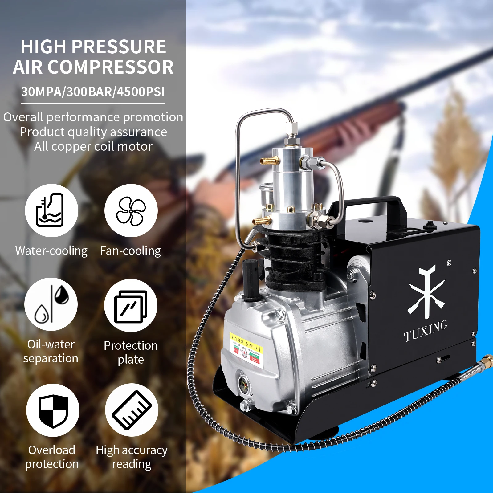Compresor de aire PCP de alta presión TUXING de 4500 psi, compresor de ventilador eléctrico incorporado a prueba de explosiones para pistola de aire comprimido para buceo - Image 2