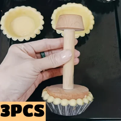Conjunto de 3 Formas de Madeira para Tarteletes de Ovo, com Dupla Face, e Empurrador de Massa para Confeitaria, Ferramenta de Cozinha para Assar Tarteletes, Tortas e Bolos