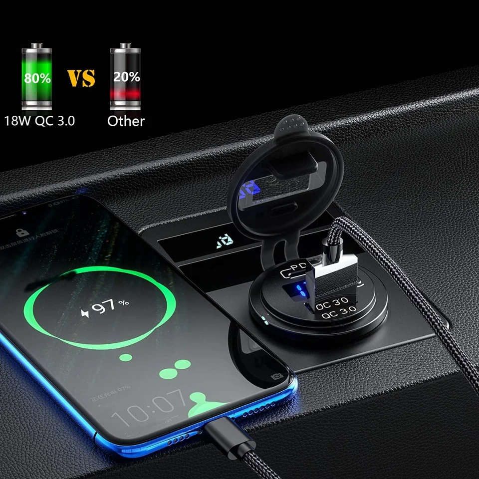 Tomada Carregadora USB 12V 48W à Prova d'Água com Porta USB Tipo C PD e Porta USB QC3.0 para Carro, Barco, Marítimo e Caminhão - Image 2