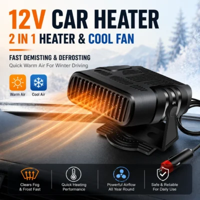Ventilador de aquecimento para carro 12V 24V com ângulo ajustável, modos de ar quente e frio, desembaçador e descongelador de para-brisa para carros e caminhões.