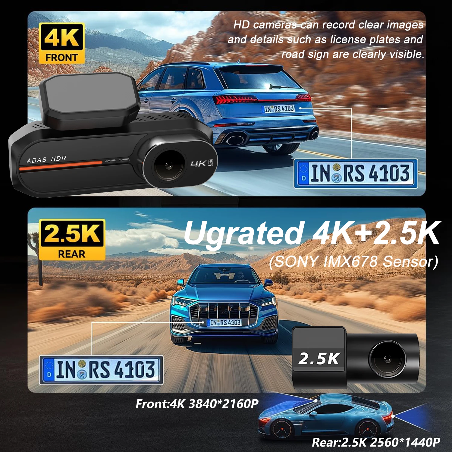 Câmera Veicular 4K 3840*2160P com WiFi, GPS, ADAS, Gravação Frontal 4K e Traseira 2.5K, DVR com Visão Noturna 24H, Câmera para Carro, Caixa Preta - Image 4