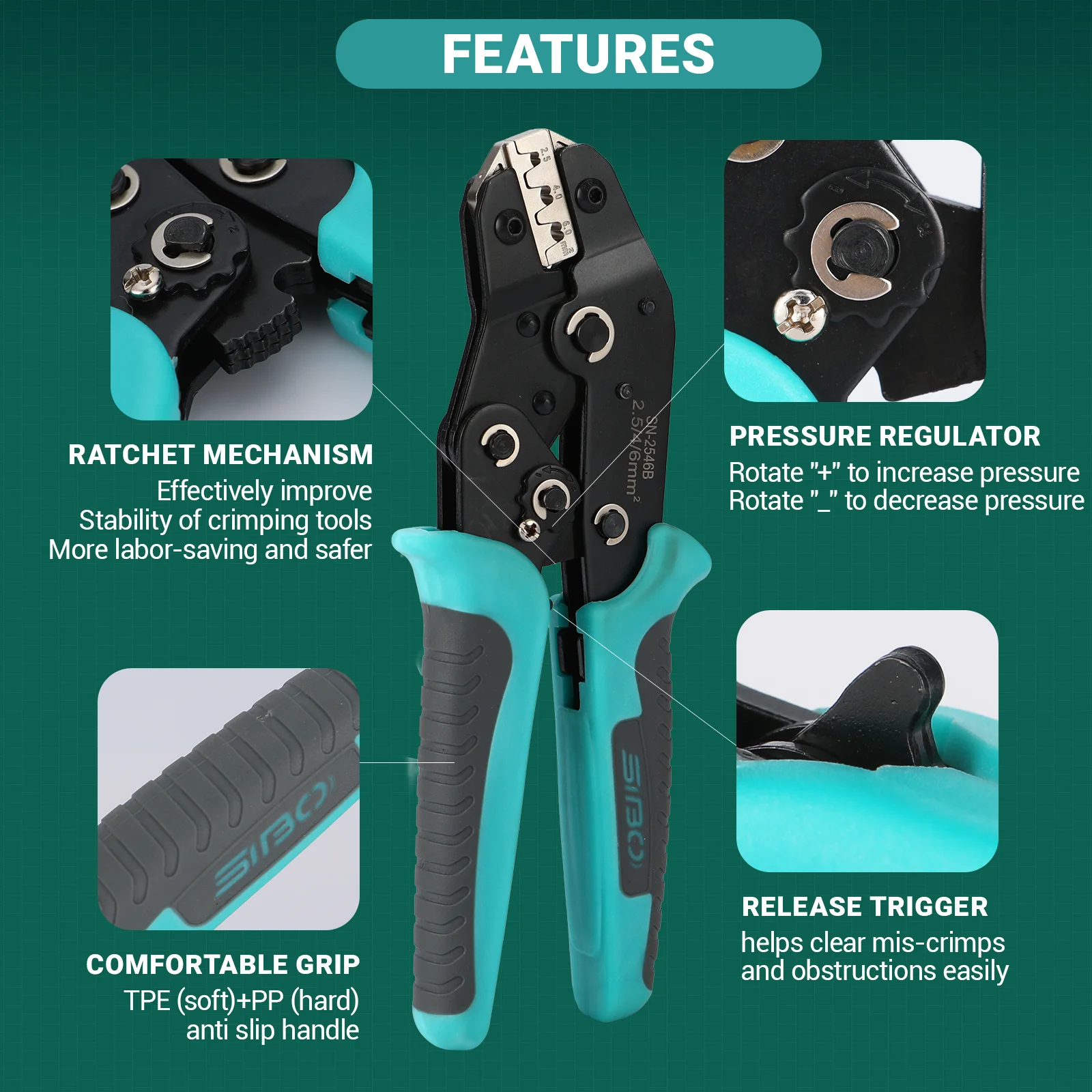 Crimping Pliers for MC4 PV Solar Cable Terminals Solar Photovoltaic Connectors Plier 2.5-6mm² Ratchet Wire Crimper Tool SN-2546B - Image 2