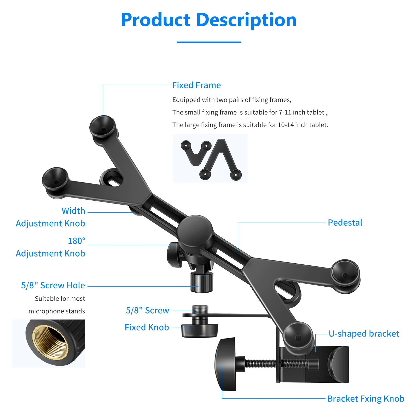 7-14 Inches Adjustable Tablet Holder Mount 360 Degree Swivel Clamp For Microphone Stand For Apple iPad Pro Air Mini Google Nexus - Image 2