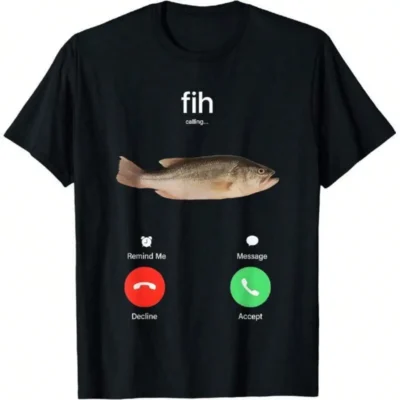 100% Cotton Fih Calling Remind Me Message Decline Accept Phone Call Fish Fit Casual Streetwear Men Gifts Flower Print Classic Crew Neck Short Sleeves Regular Fit Breathable Stylish Graphic T-Shirt