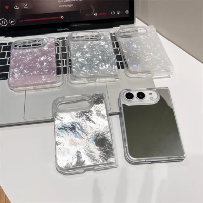 Luxury Shell Pattern Make-up Mirror Phone Case for iPhone Duo Newest Glacier Texture Shockproof Solid Cover for iPhone 18 Fold