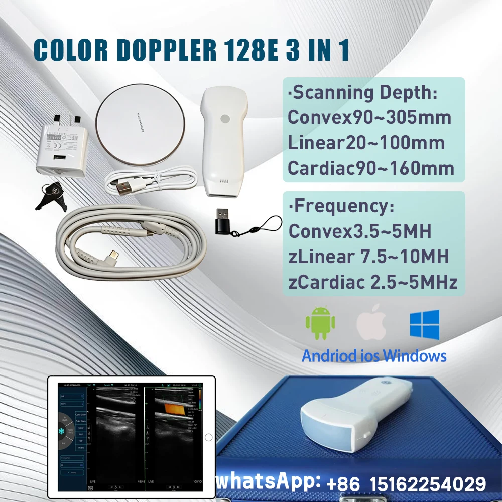 Sonda de Ultrassom 3 em 1 Conectada por WIFI, Scanner Doppler Colorido de 128 Elementos, Compatível com Sistemas Android, iOS e Windows para Animais de Estimação