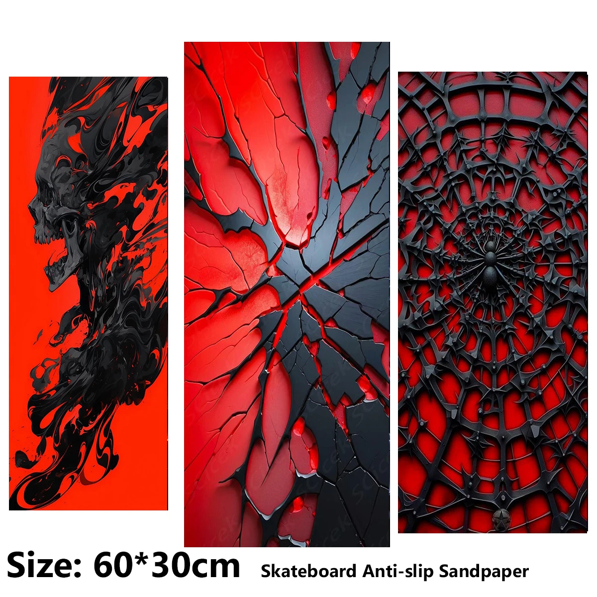 ElecStric Scooter Anti-slip Sticker Sandpaper Skateboard Grip Tape Sheet 60*30cm Red Skull and Cracked Spider Pattern