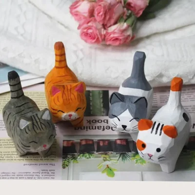 Lovely Handmade Wood Carving Kitten Ornaments Small Animal Creative Desktop Wood Cat Decoration Crafts Household Supplies