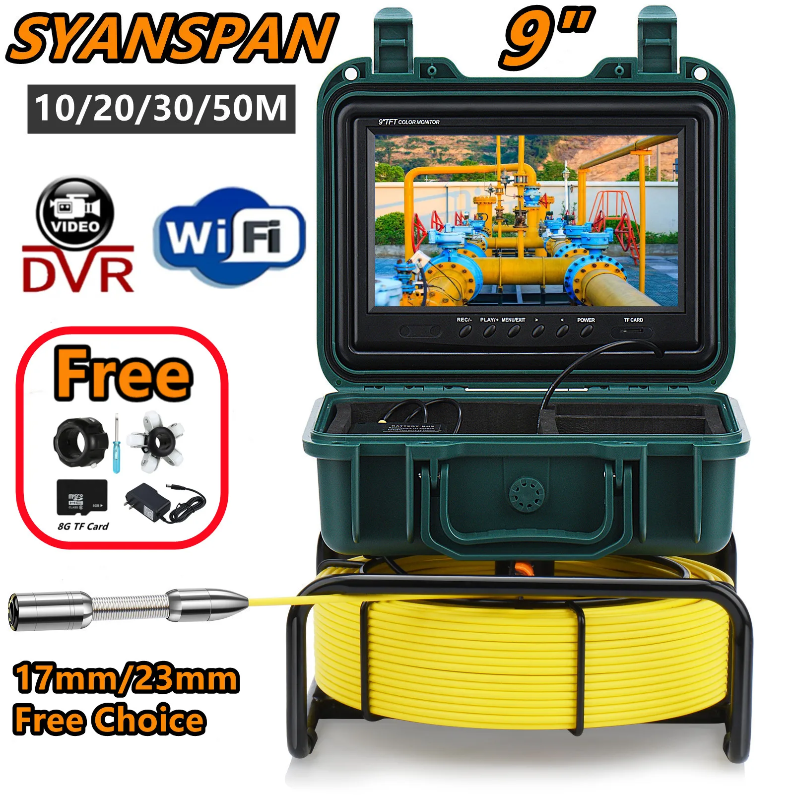 9 "hd tela dvr/wifi 8gb cartão ip68 20/30/50m syanspan tubulação inspeção câmera 23mm dreno esgoto pipeline endoscópio industrial